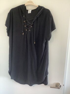 Cotton terry Black Lace-Up Hooded Short Sleeve  bathing suit coverup
